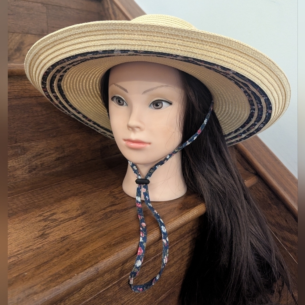 Sloggers Braided Sun Hat With Floral Trim & Lanyard Sz M 22 1/2"